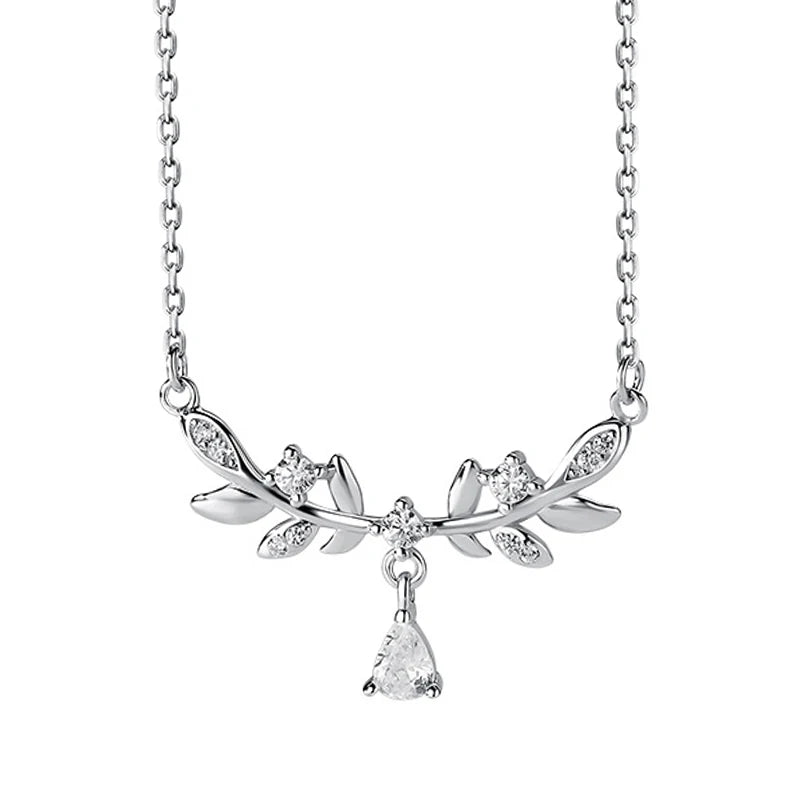 Fashion 925 Sterling Silver Leaf Charm Necklace Women Zircon Water Drop Pendant Necklace Fine Jewelry