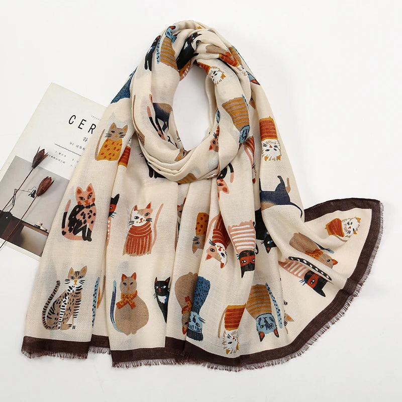 Hot Selling 180*85CM Cat Printed Cotton Scarf Ladies Fashion New Animal Pattern Shawl Viscose Hijabs Beach Shawls