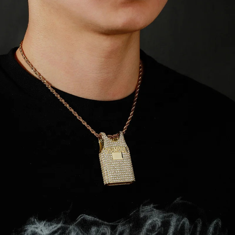Luxury Iced Cubic Zirconia Brass Gold Plated Rope Champion Basketball Jersey Pendant Necklace Anniversary Gifts Sports