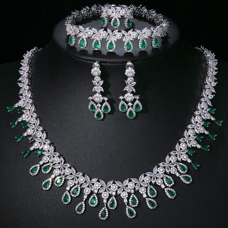 Wholesale Wedding Jewelry Cubic Zircon Women Earrings Colour Emerald Green Necklace Set