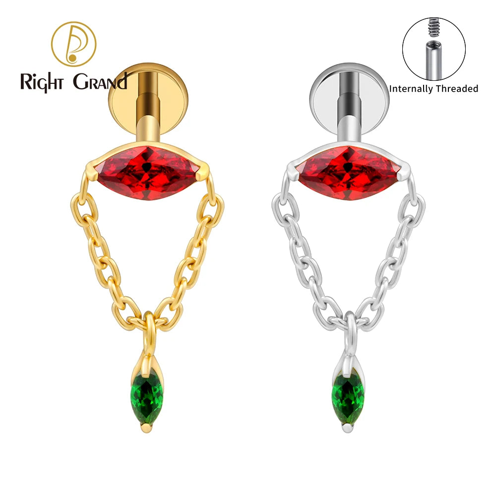 Internal Thread Marquise Chain Dangle ASTM F136 Titanium Flat Back Earring 16G Double CZ Cartilage Helix Stud Piercing Jewelry