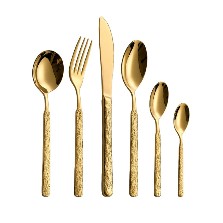 Hammered Handle Luxury Mirror Silver Stainless Steel Cutlery Flatware Set for Wedding and Back to School Events