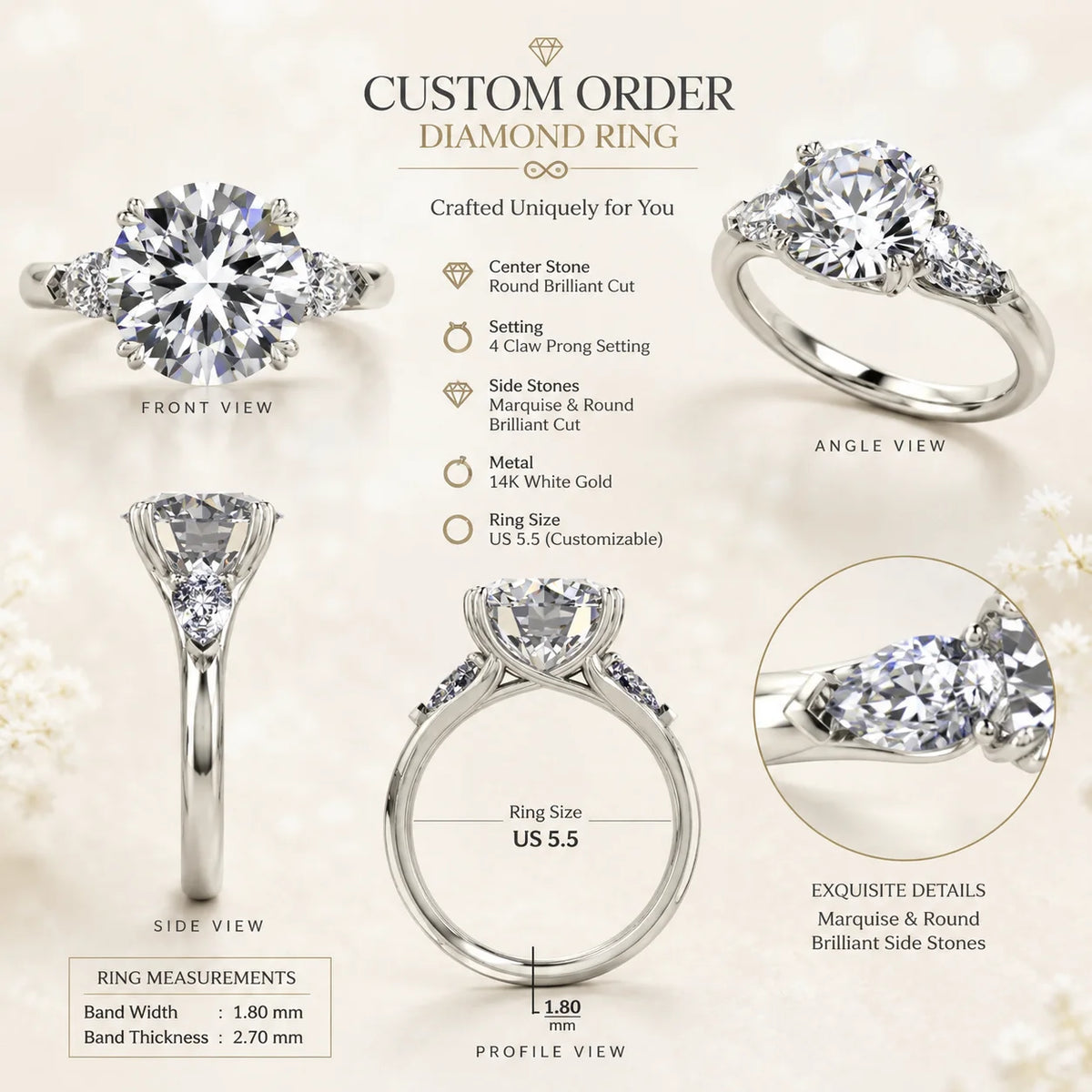 OEM 950 Platinum 5 Carat Round Brilliant Lab Grown Diamond Engagement Ring 0.60-0.70 CTW Pear Diamonds IGI Certified Custom ring MegaBDM
