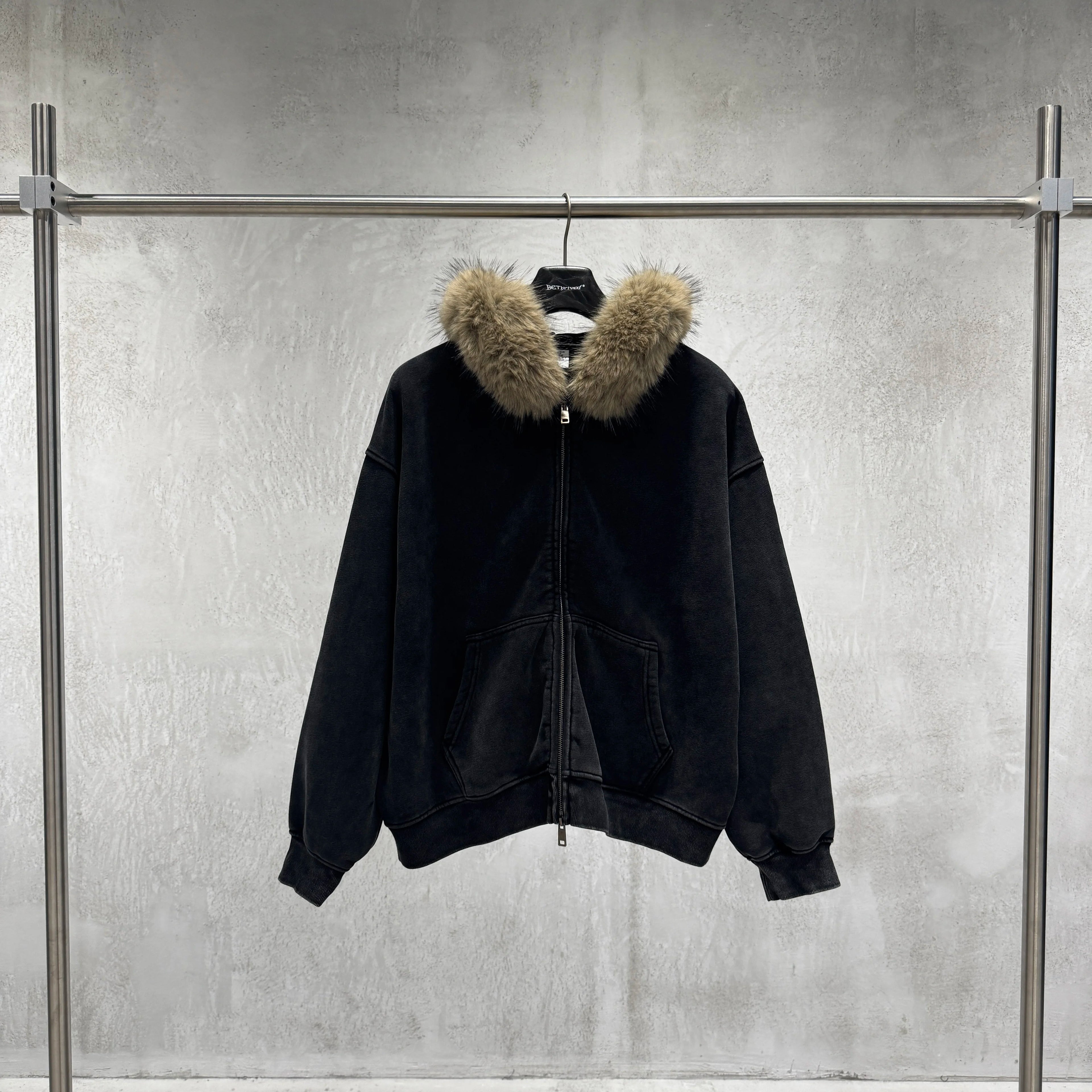 Wholesale Custom Oversized Distressed Faux Fur Hood Solid Heavyweight Cotton Zip Hoodie Boxy Style Custom logo for Men