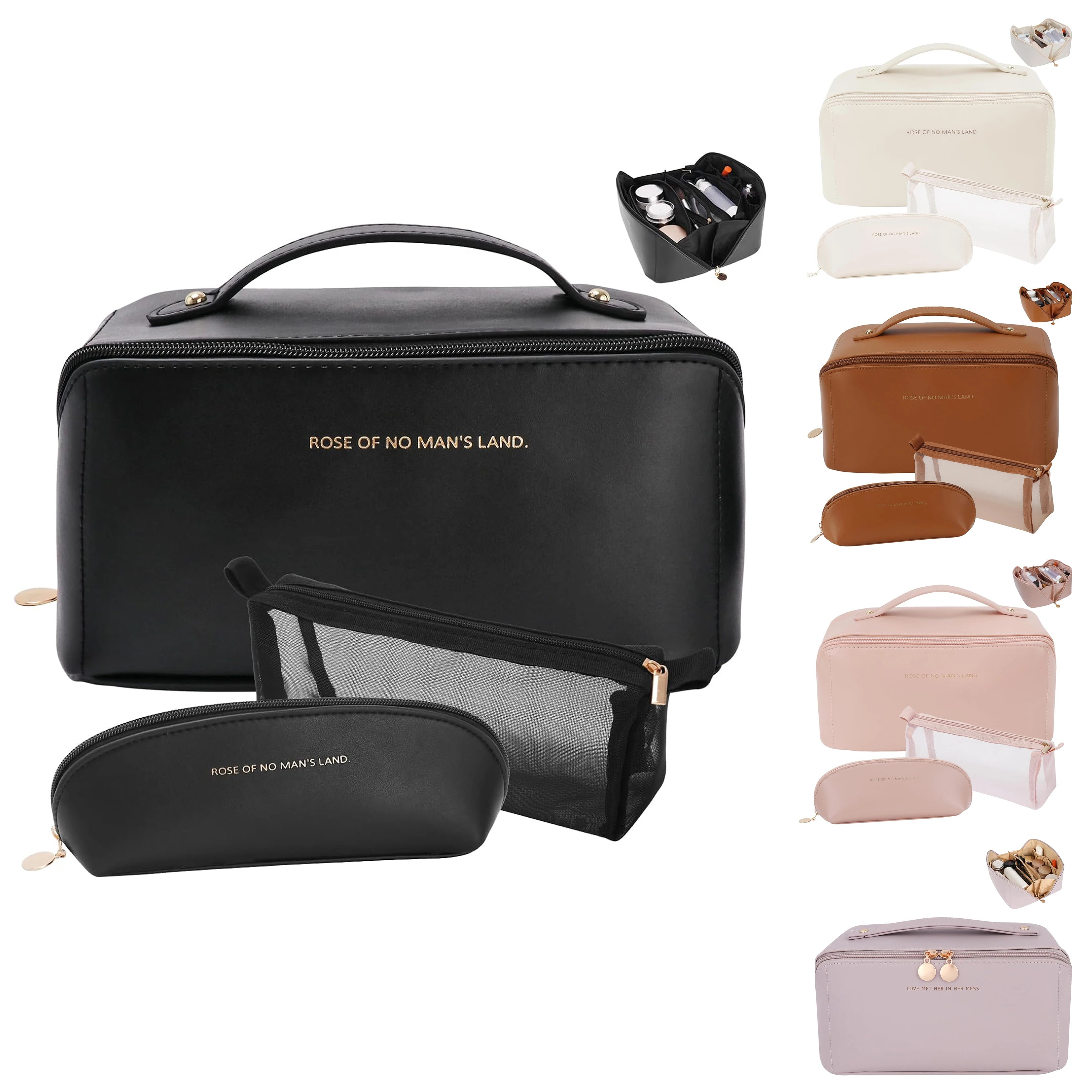 Customizable Women Waterproof Bathroom Washbag Luxury Large Capacity Makeup Pouch 3-Pack Travel Kit PU Leather Cosmetic Bags