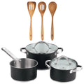5-piece cookware set (2 saucepans with lids + saucepan) stainless steel with coating + 3-piece acacia wood kitchen utensil set