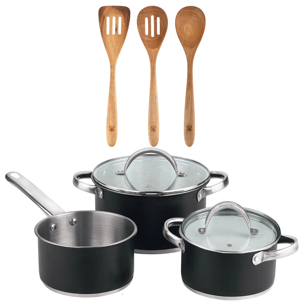 5-piece cookware set (2 saucepans with lids + saucepan) stainless steel with coating + 3-piece acacia wood kitchen utensil set
