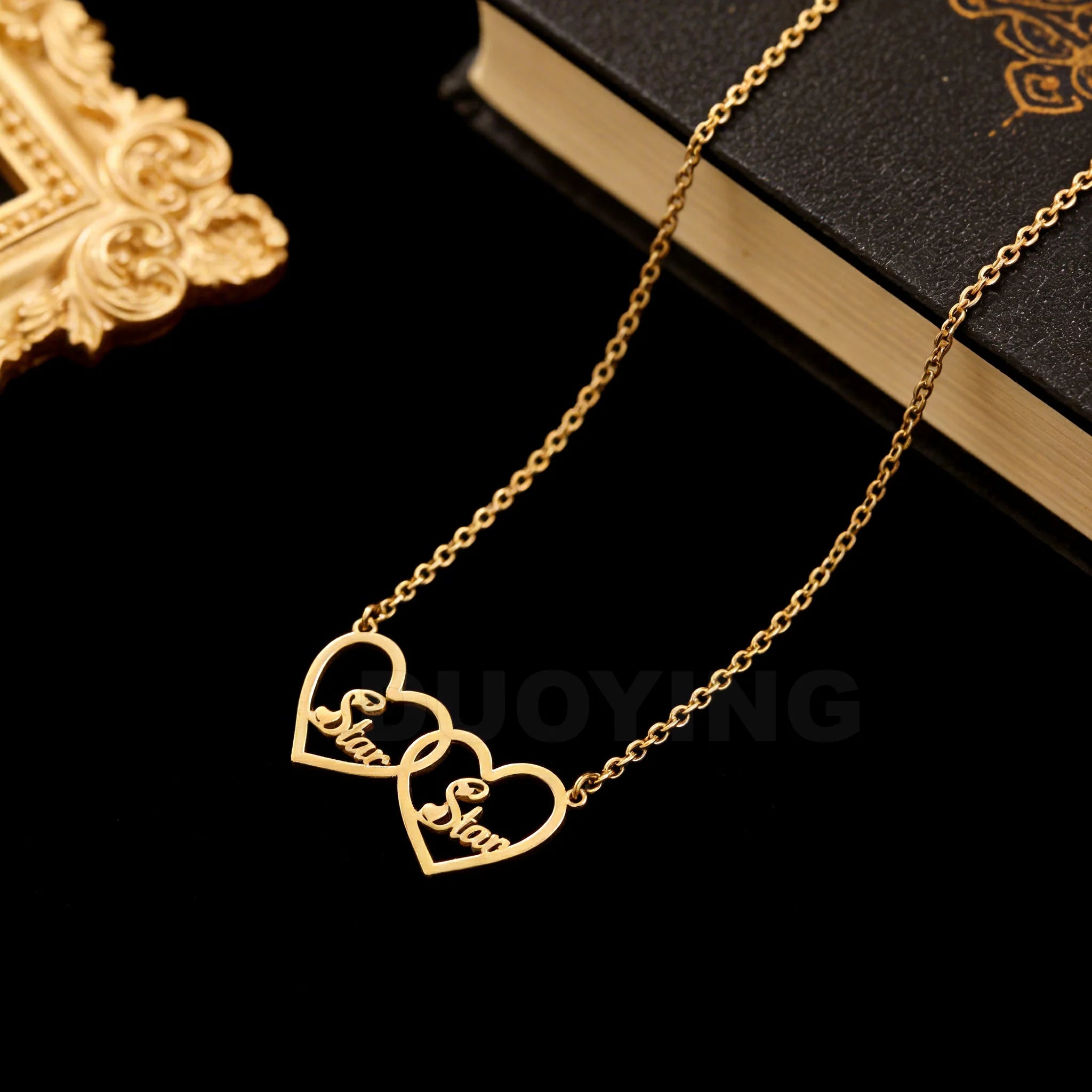 DUOYING Custom Couple Double Name Necklace Personalized Stainless Steel 18K Gold Plated Nameplate Jewelry Women Necklace