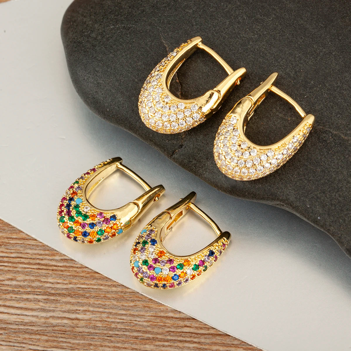 QIKU Wholesale 18k Gold Plated Copper Hypoallergenic Geometric Designer Hoop Earrings Zircon Gift Jewelry Women