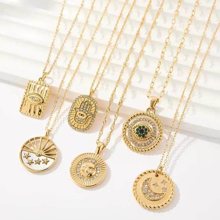 Women's 18K PVD Gold Plated Stainless Steel Fine Jewelry Pendant Necklace Vintage Style Eye with Zircon Clavicle Accessory