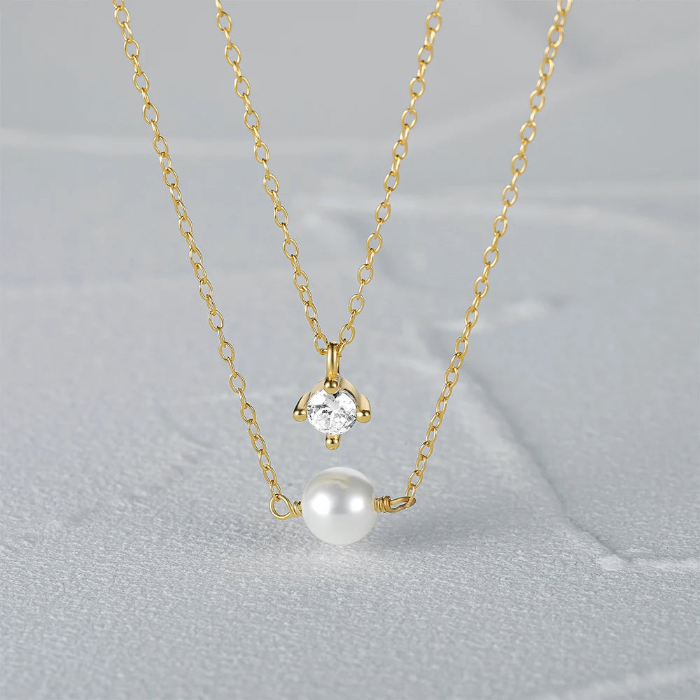 CANNER S925 Sterling Silver Double Stacked Simple Pearl 5A Zircon Pendant Necklace Artificial Pearl Elegant Clavicle Necklaces