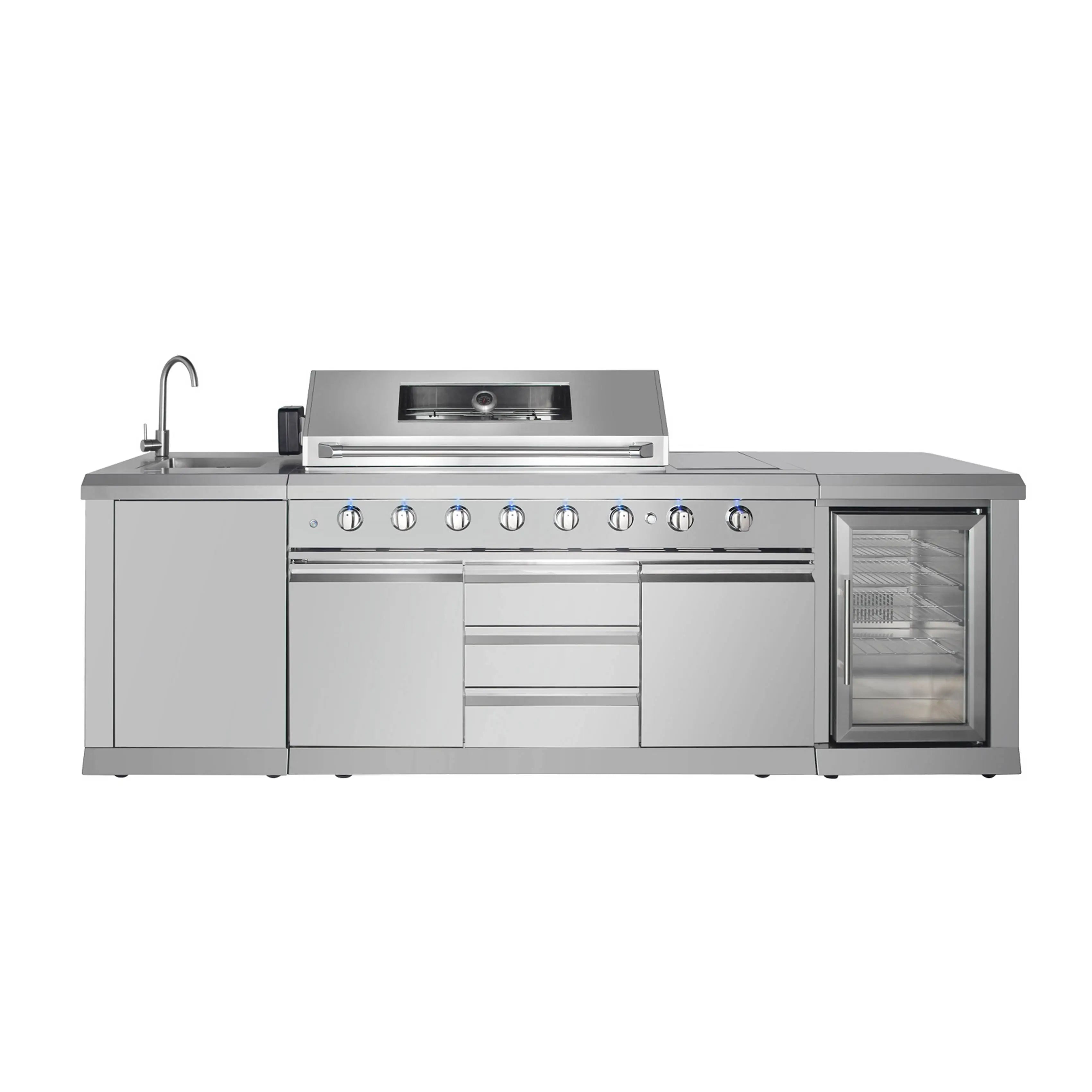 High-End Outdoor Kitchen Set 304 Stainless Steel Includes BBQ Grill Sink Cabinet & Compressor Fridge