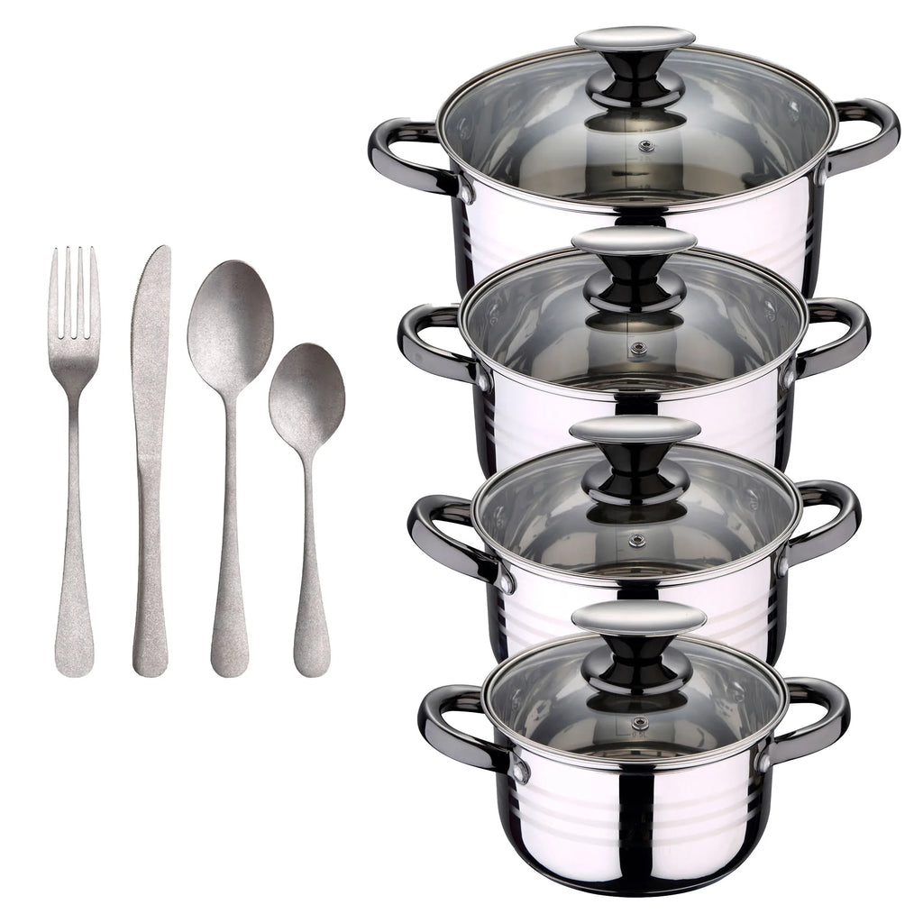 8-piece stainless steel cookware set suitable for induction San Ignacio Premium Collection + 16-piece stainless steel cutlery