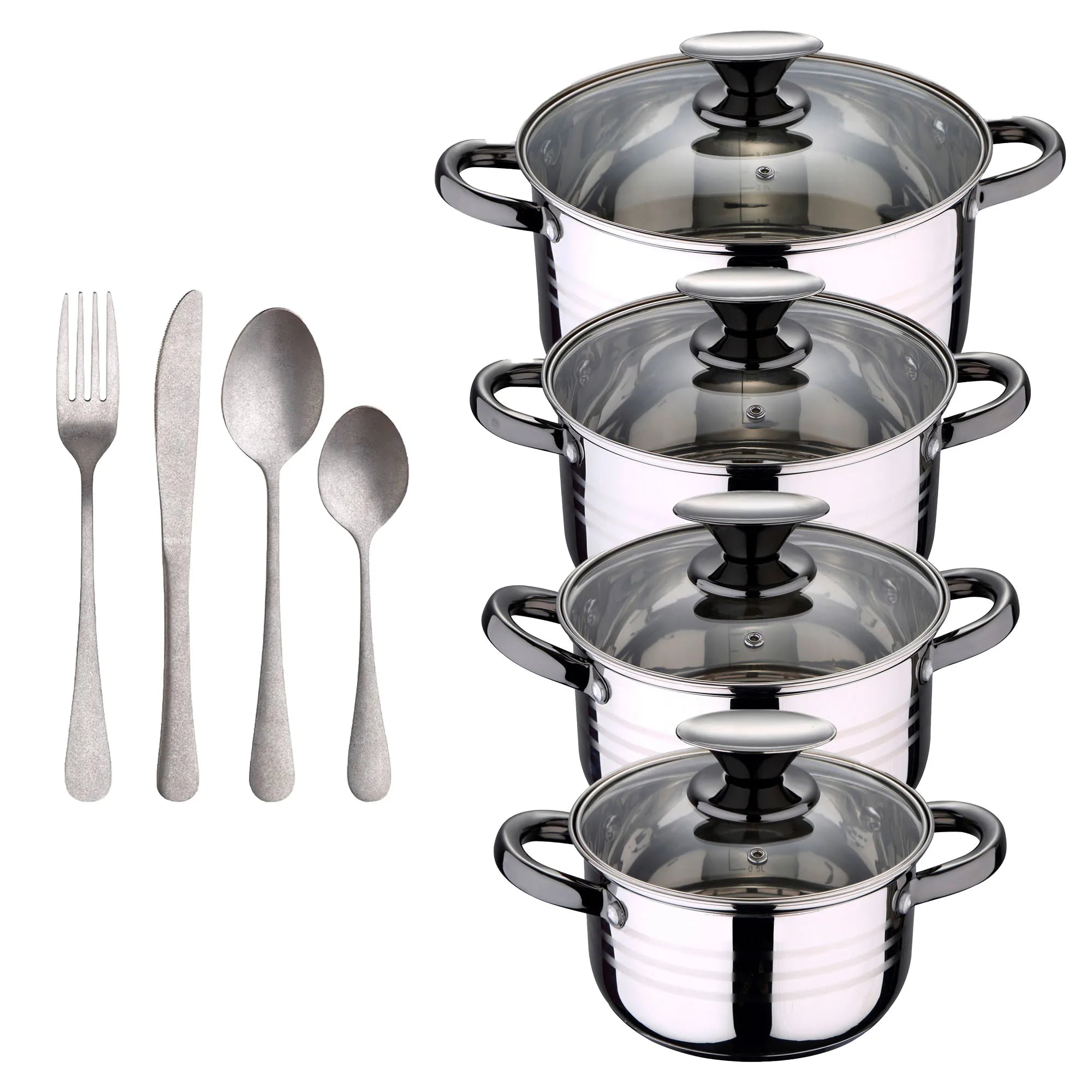 8-piece stainless steel cookware set suitable for induction San Ignacio Premium Collection + 16-piece stainless steel cutlery