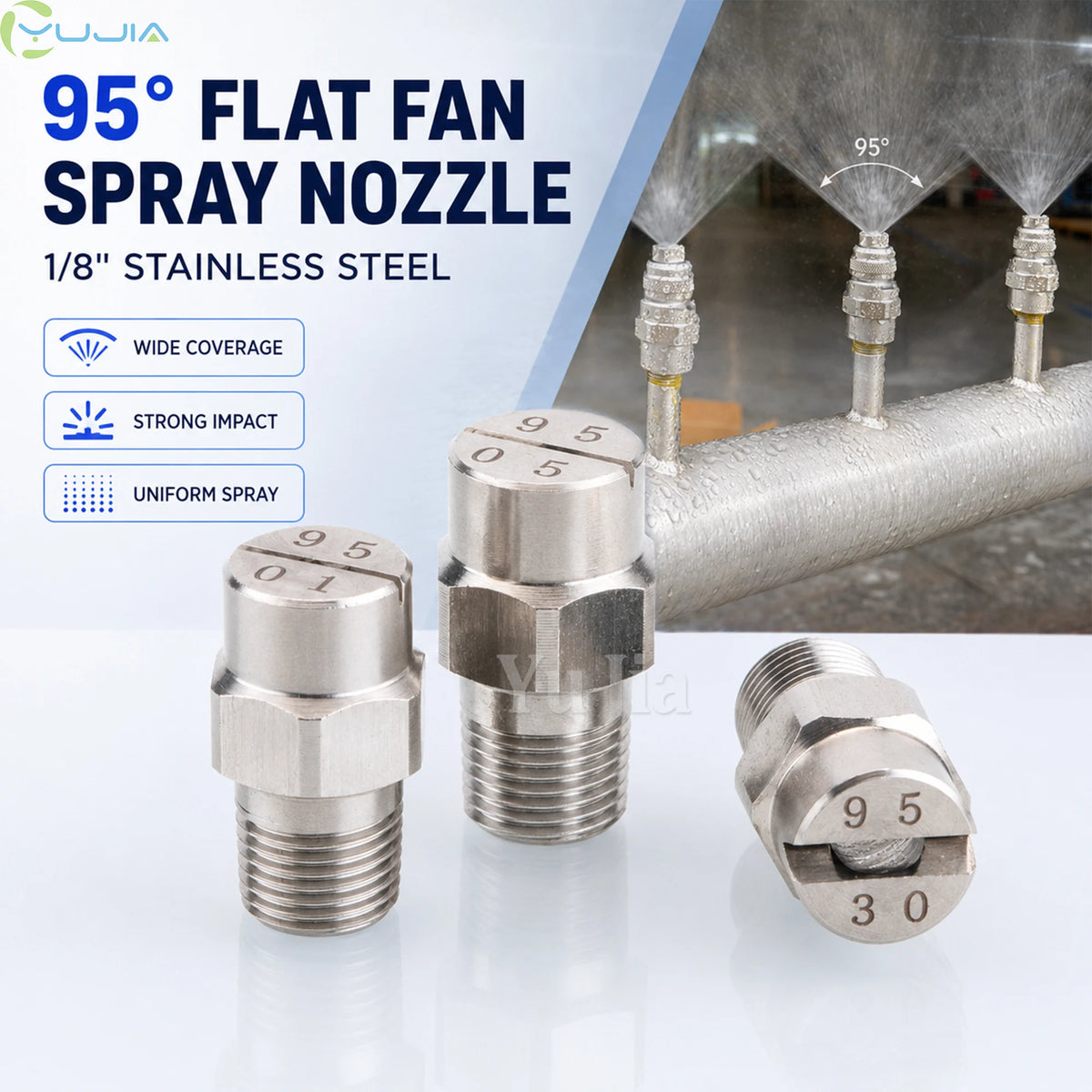 BSPT 1/8" 304SS 95° Wide Angle Fan Jet Cleaning Nozzle Spray Tip for Vehicle Wash Equipment Rinsing Surface Dust Control MegaBDM
