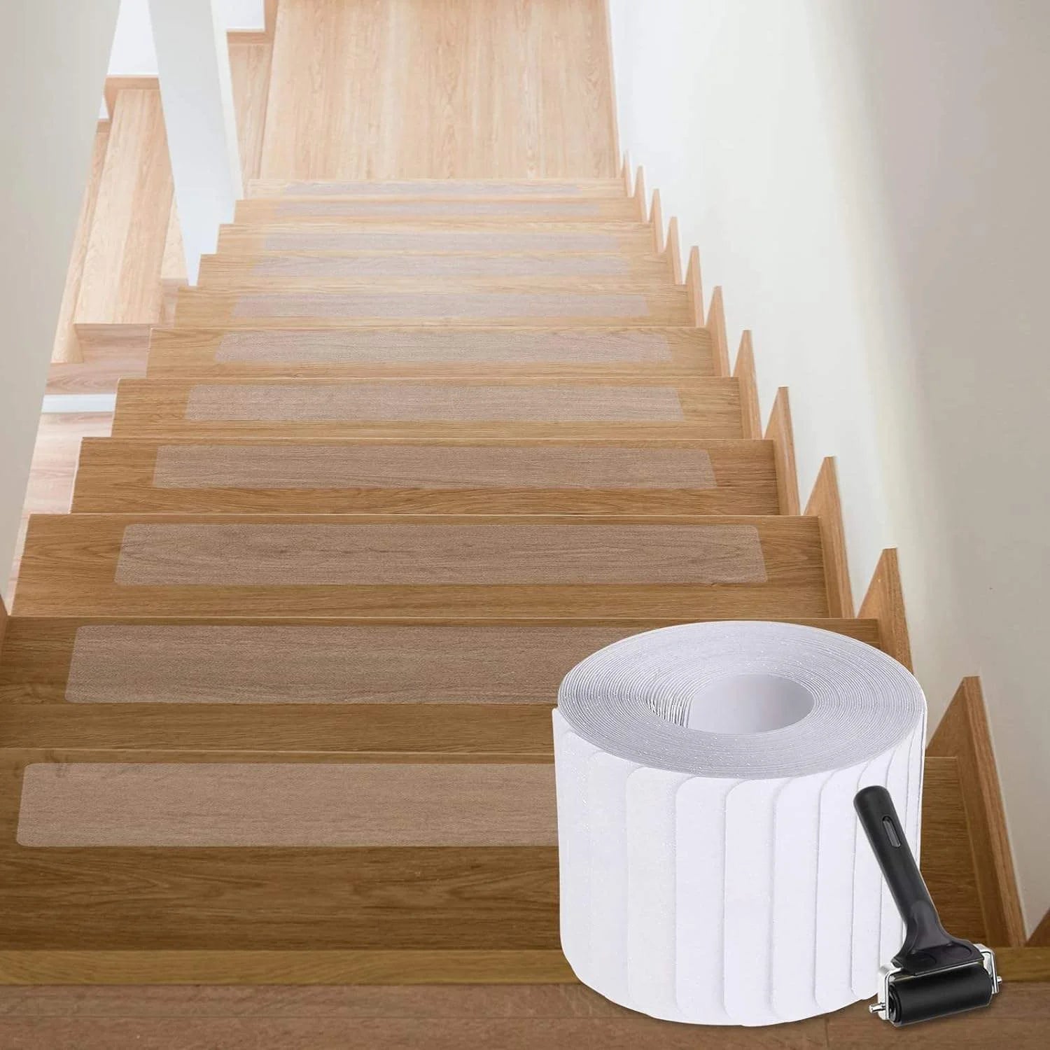 24"x4" Clear Non-Slip Stair Treads Tape Self Adhesive Anti-slip Strips Waterproof Grip Tape for Wooden Steps-Roller Included