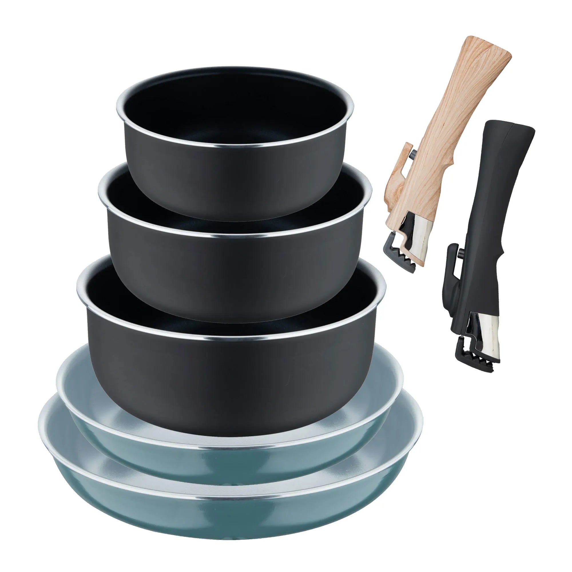Set of 2 frying pans 2226cm with removable handle green + 3 saucepans 161820cm with removable handle black - Pressed