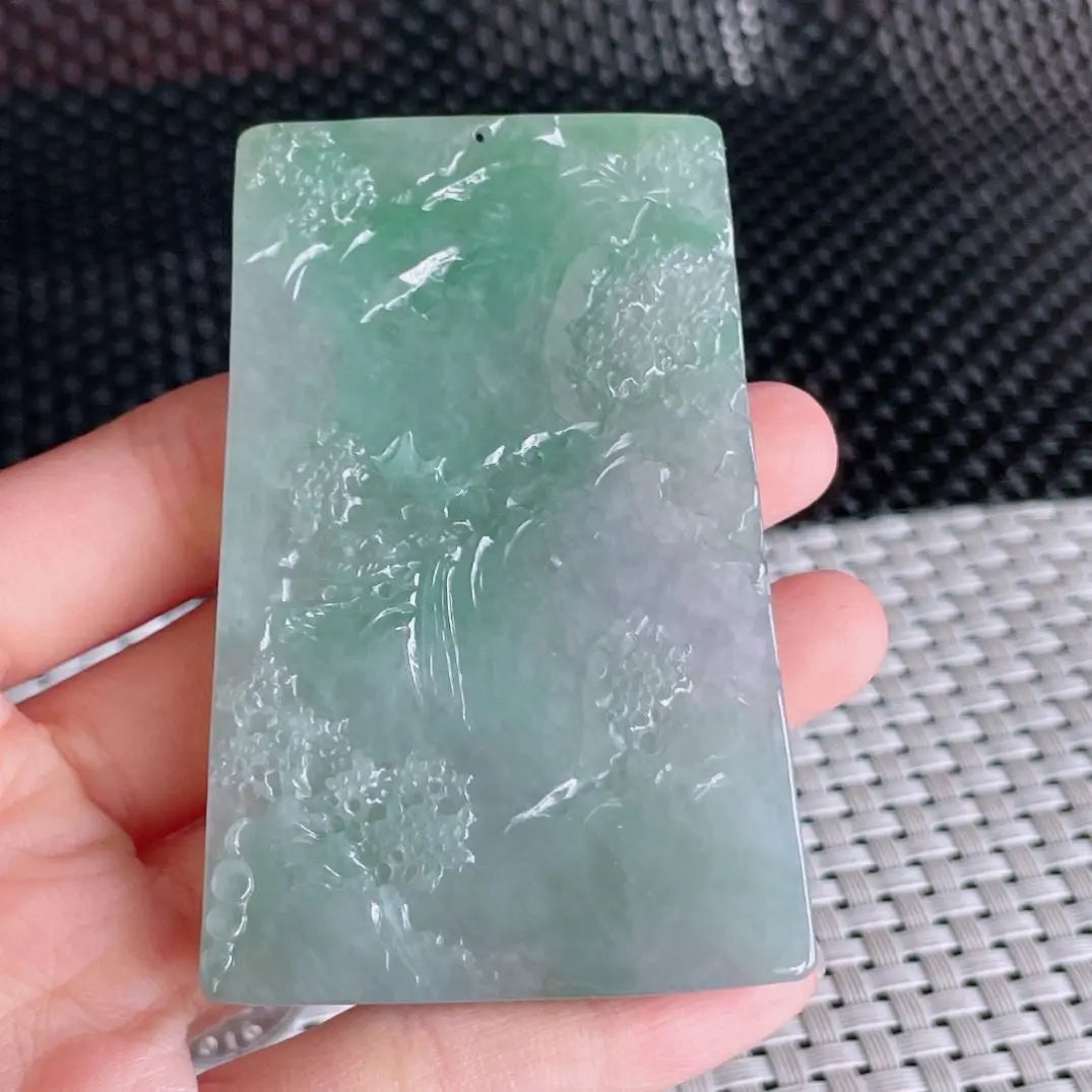Myanmar a Type Carved Character  Brand Jade  White Pendant Ice-Like Floating Green Landscape