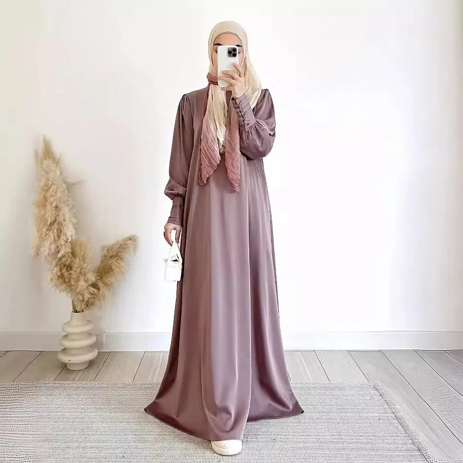 Modest Slip Dress for Muslim Women Satin One Piece With Hijab Abaya Slim Sleeves Elastic Cuff Plain Color