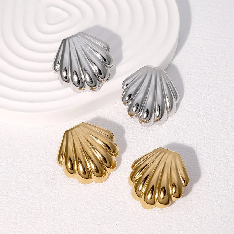 BM Women's Trendy Sea Shell-Shaped Stud Earrings Waterproof Stainless Steel with Gold Plating for Gift
