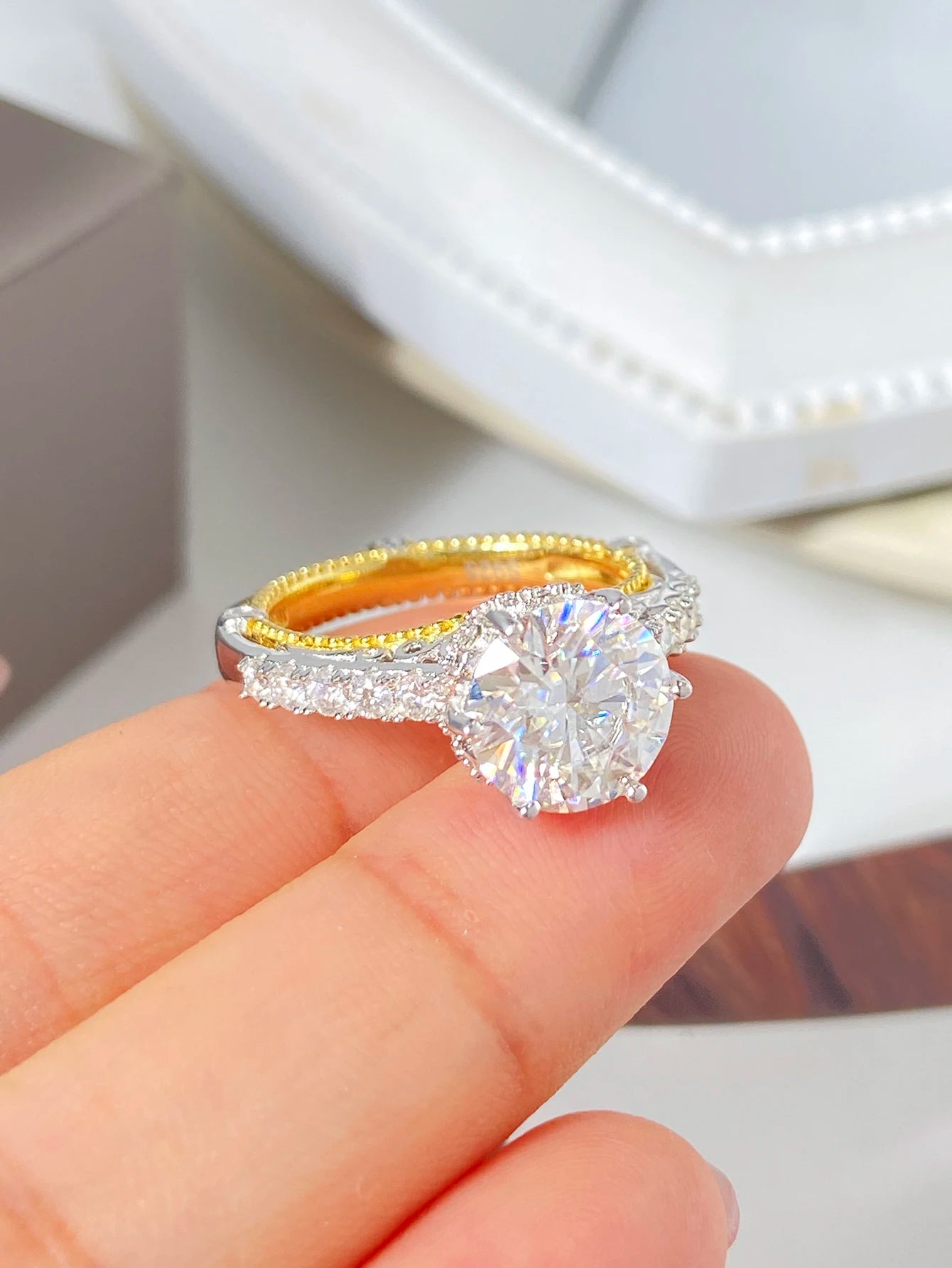 Custom Women 18K Gold Plated Two Tone 925 Sterling Silver Ring Wedding Heart Band 3CT Big Zircon Bride Engagement Fine Jewelry