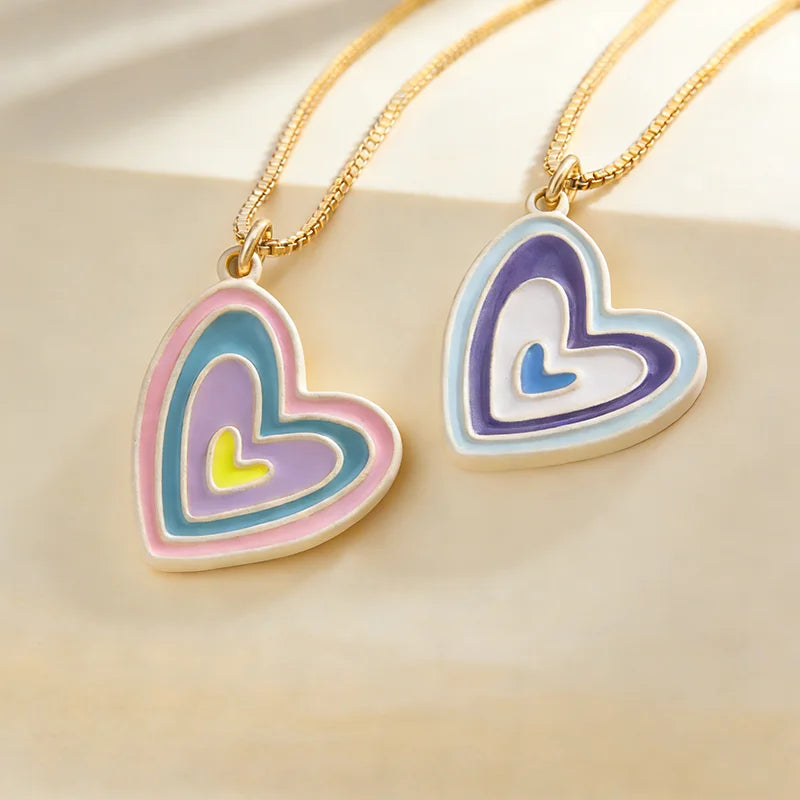 QIKU Colorful Heart Shape Print Pendant Necklace Gold Color Neck Chain Cubic Zirconia Wedding Jewelry Gift Women Lady Customized