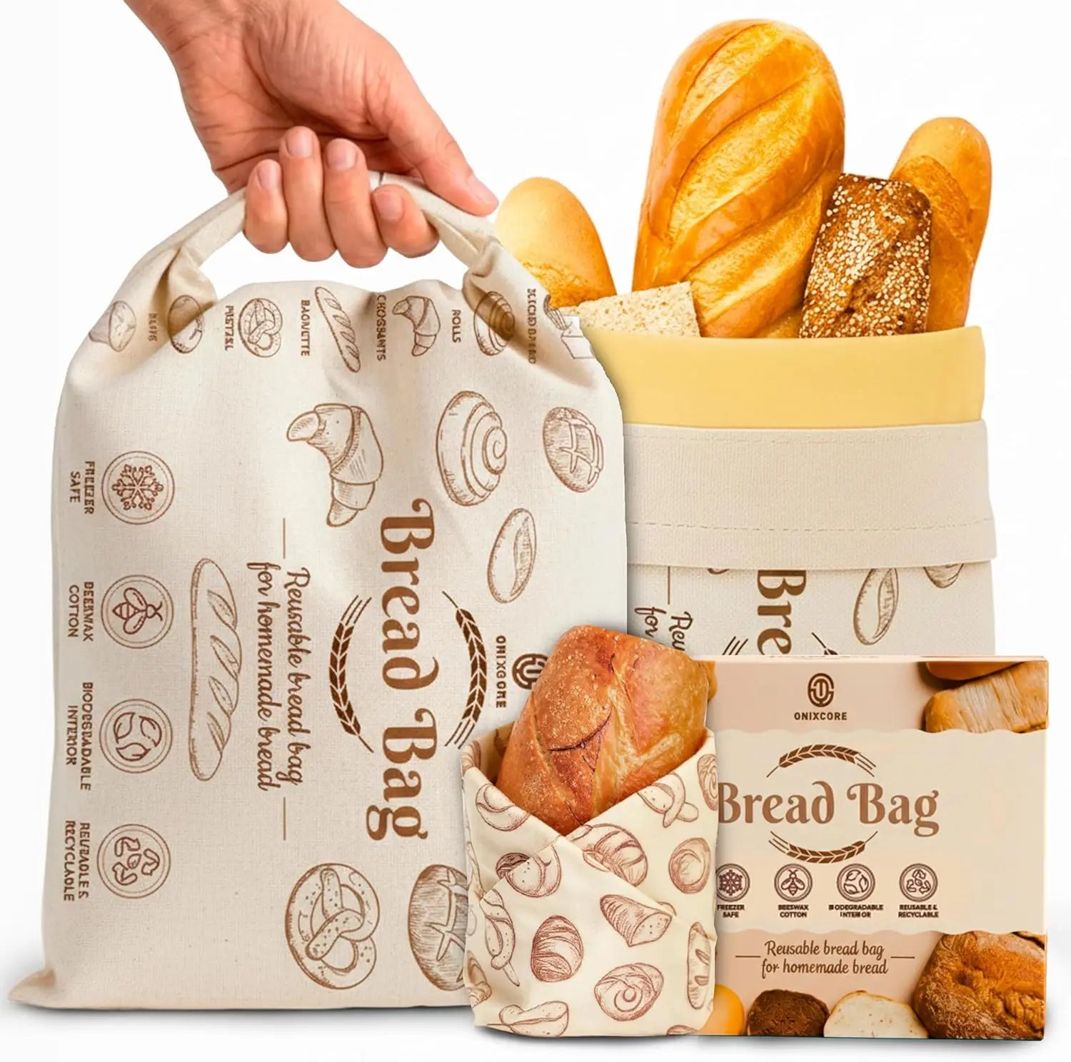2 Extra Large Size Beeswax Bread Bag + 1 Beeswax Wrap | Reusable | Bread Bags for Homemade Bread Sourdough Bread Bag