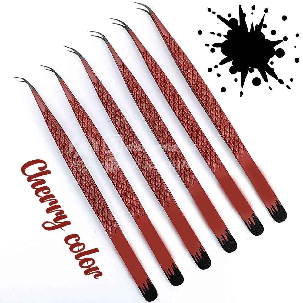 Black & Red Diamond Grip Eyelash Tweezers Custom Stainless Steel Volume Tip Heart Engraved Lash Tweezers Charms Metal Material