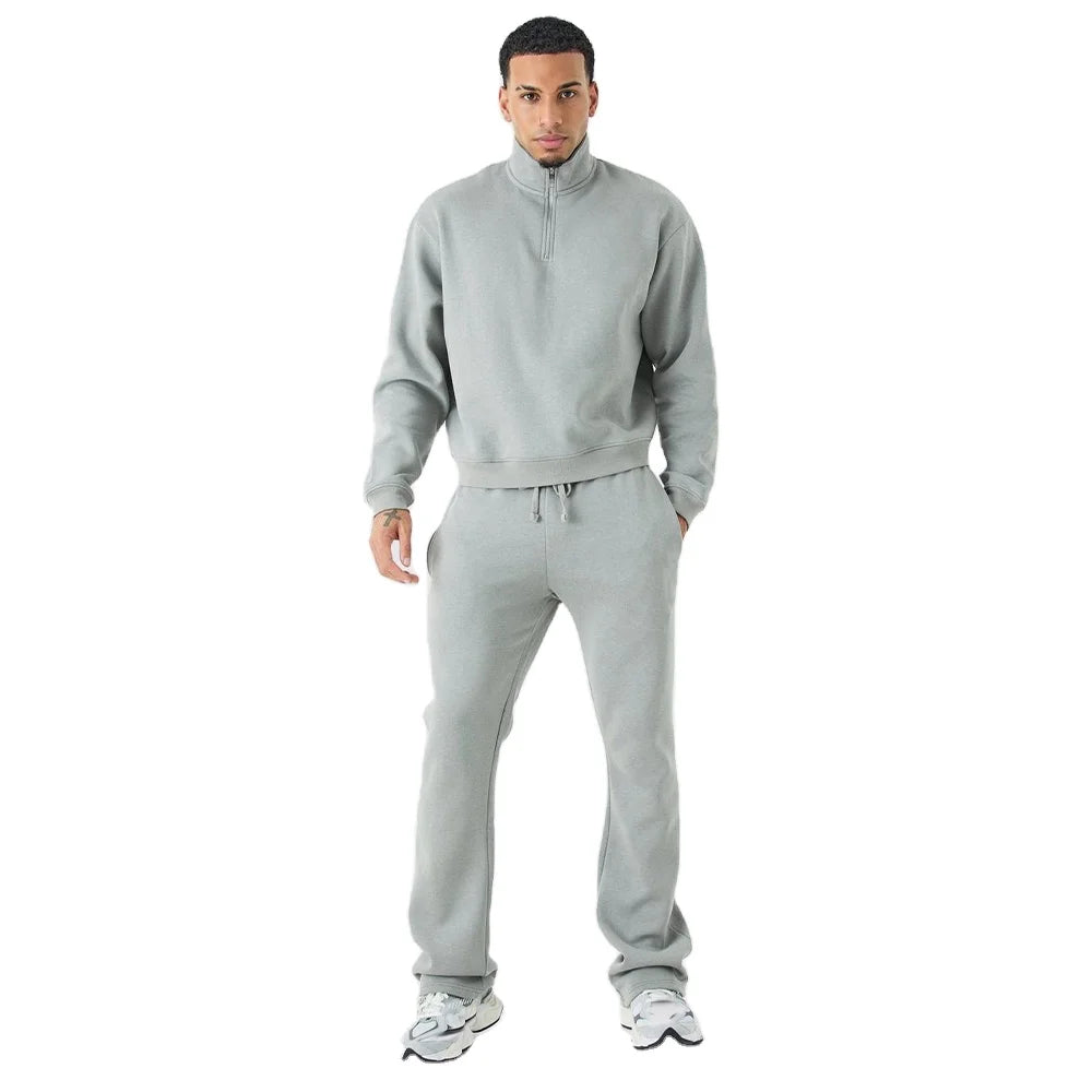 Light Grey Quarter Zip Sweatshirt and Jogger Set Soft Fleece Winter Streetwear 2pc Tracksuit with Custom Logo Drawstring Waist