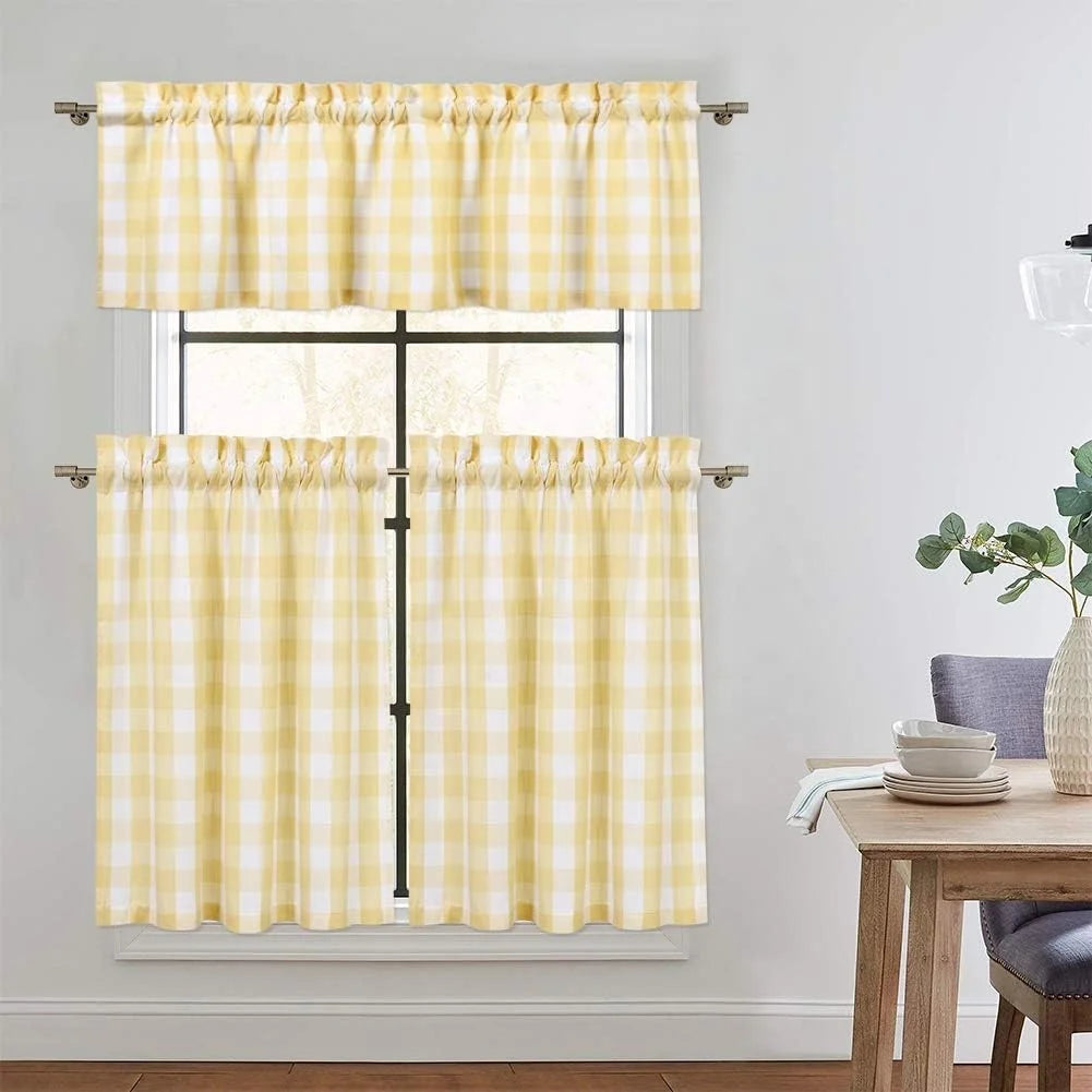 Fashion-Forward Yellow Tartan Short Window Curtains Set 3-Piece Kitchen Rod Pocket Valances & Valances