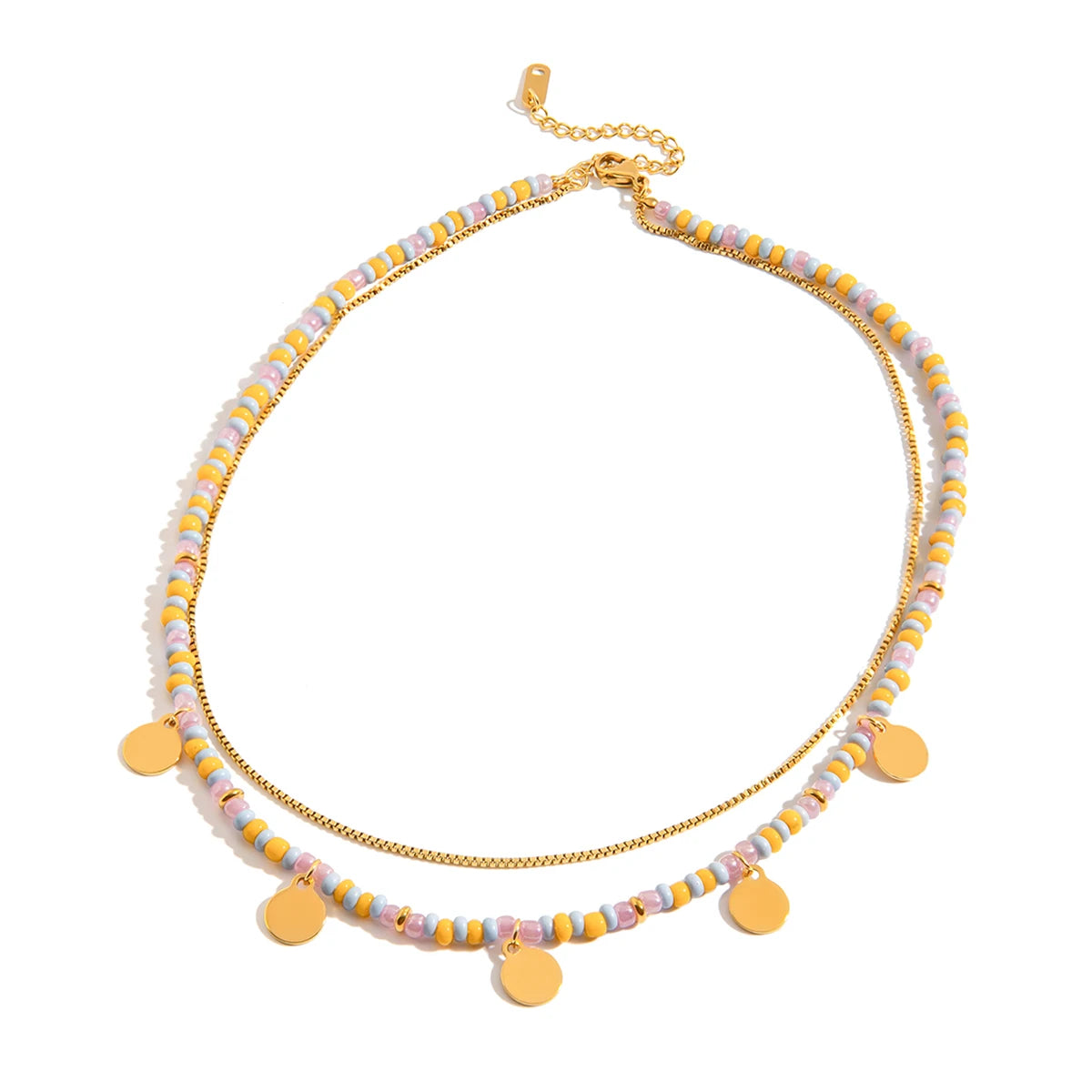 J&D 18K Gold Plated Colored Rice Bead Stainless Steel Necklace with Steel Disc Fashion Jewelry