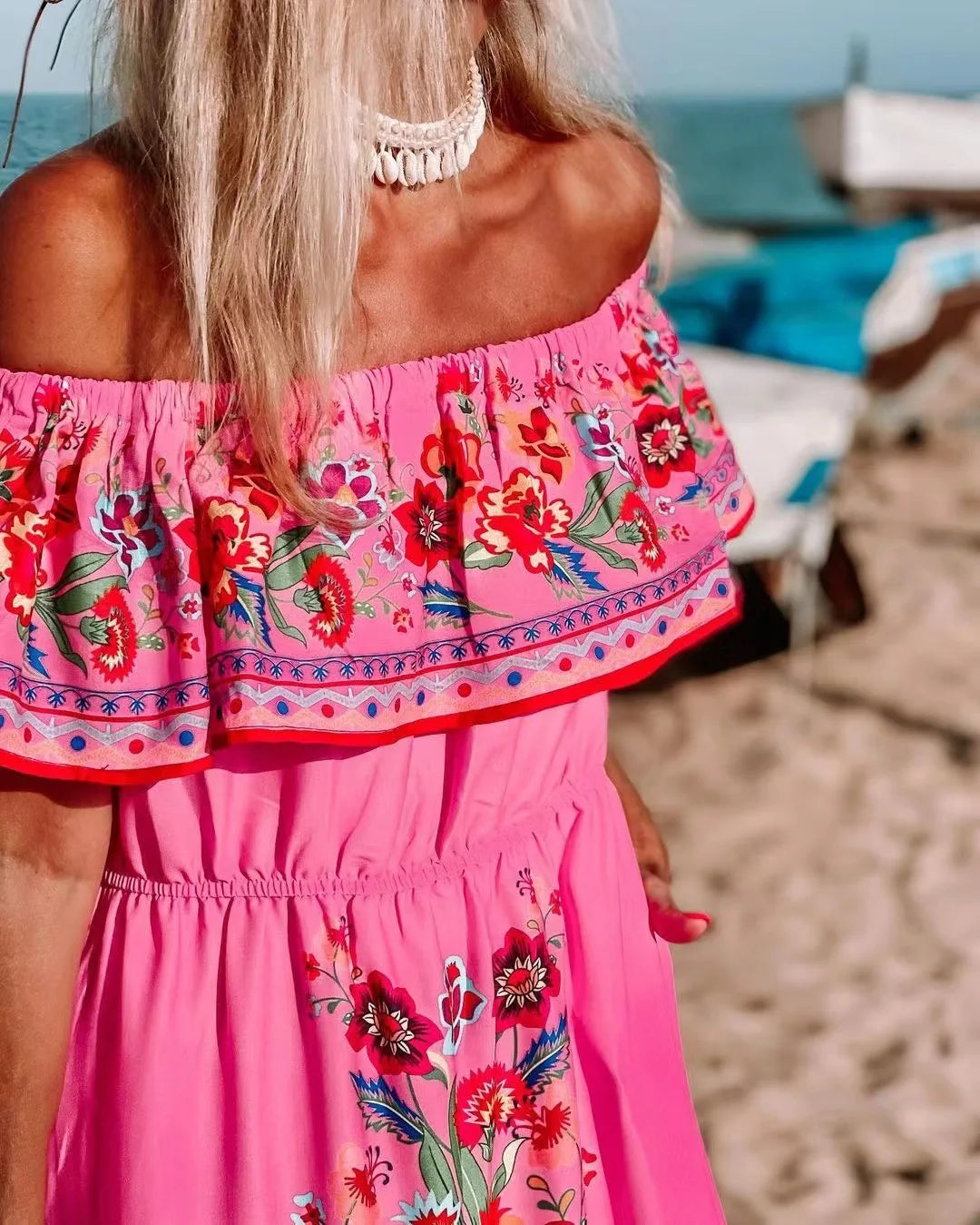 2025 Spring & Summer New Arrival Women's Western Fashion One-Shoulder Red Floral Print Long Flared Dress