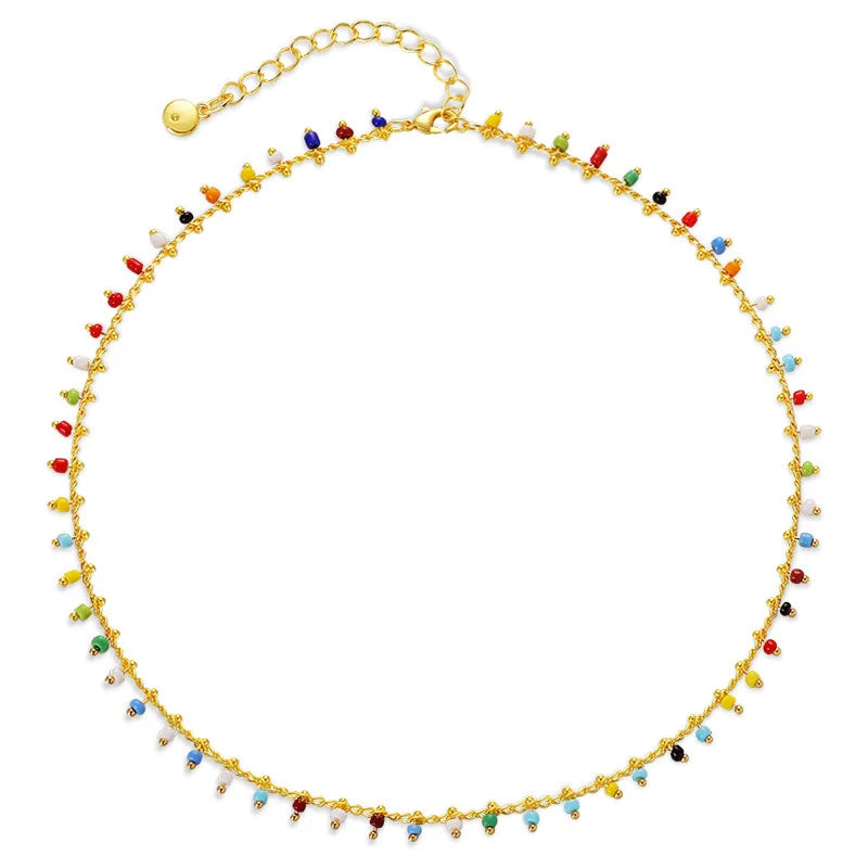 18k Real Gold Plated Multi Color Glass Bead Chain Necklace Jewelry Bohemian Handmade Colorful Seed Beads Necklace for Women