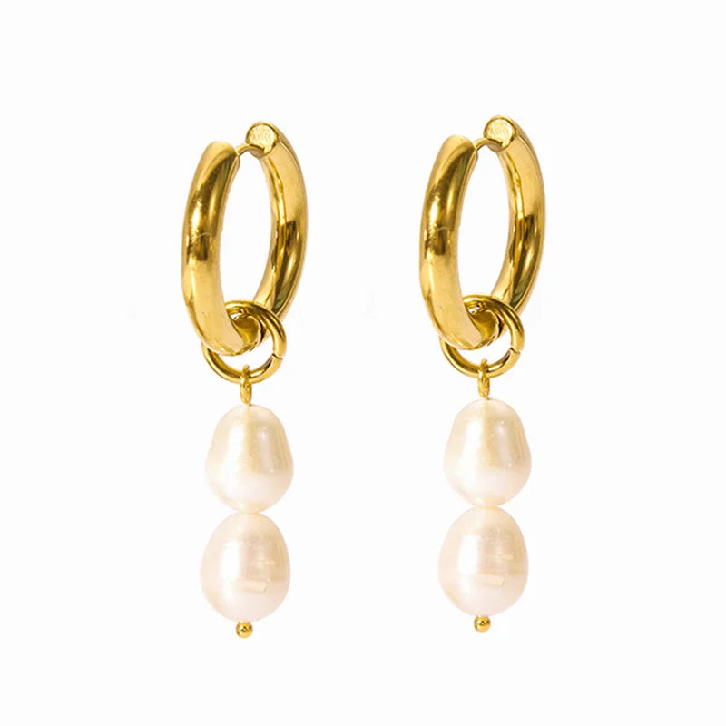 Trendy Stainless Steel Freshwater Pearl Earrings for Women Waterproof Texture Baroque Pearl Drop Dangle Hoops Earrings
