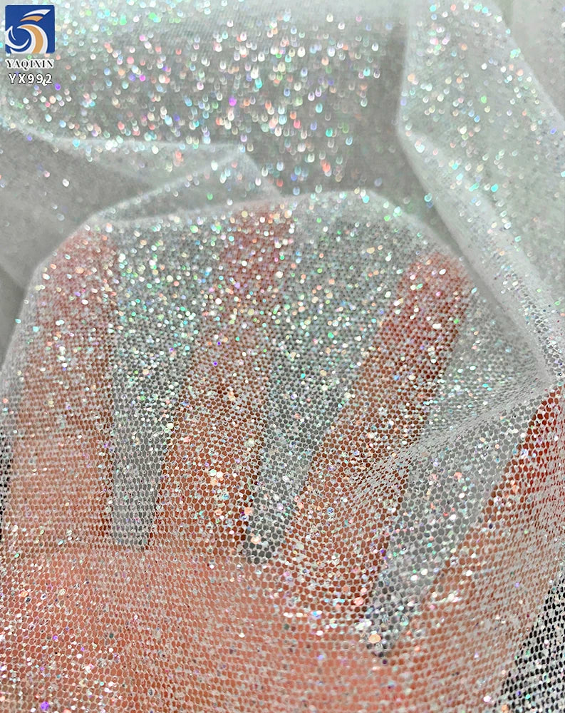 YX992-1 2026 Holographic Super White Dust Glitter Tulle Fabric 100% Polyester Soft Flash Spark Mesh for Wedding Brides MegaBDM
