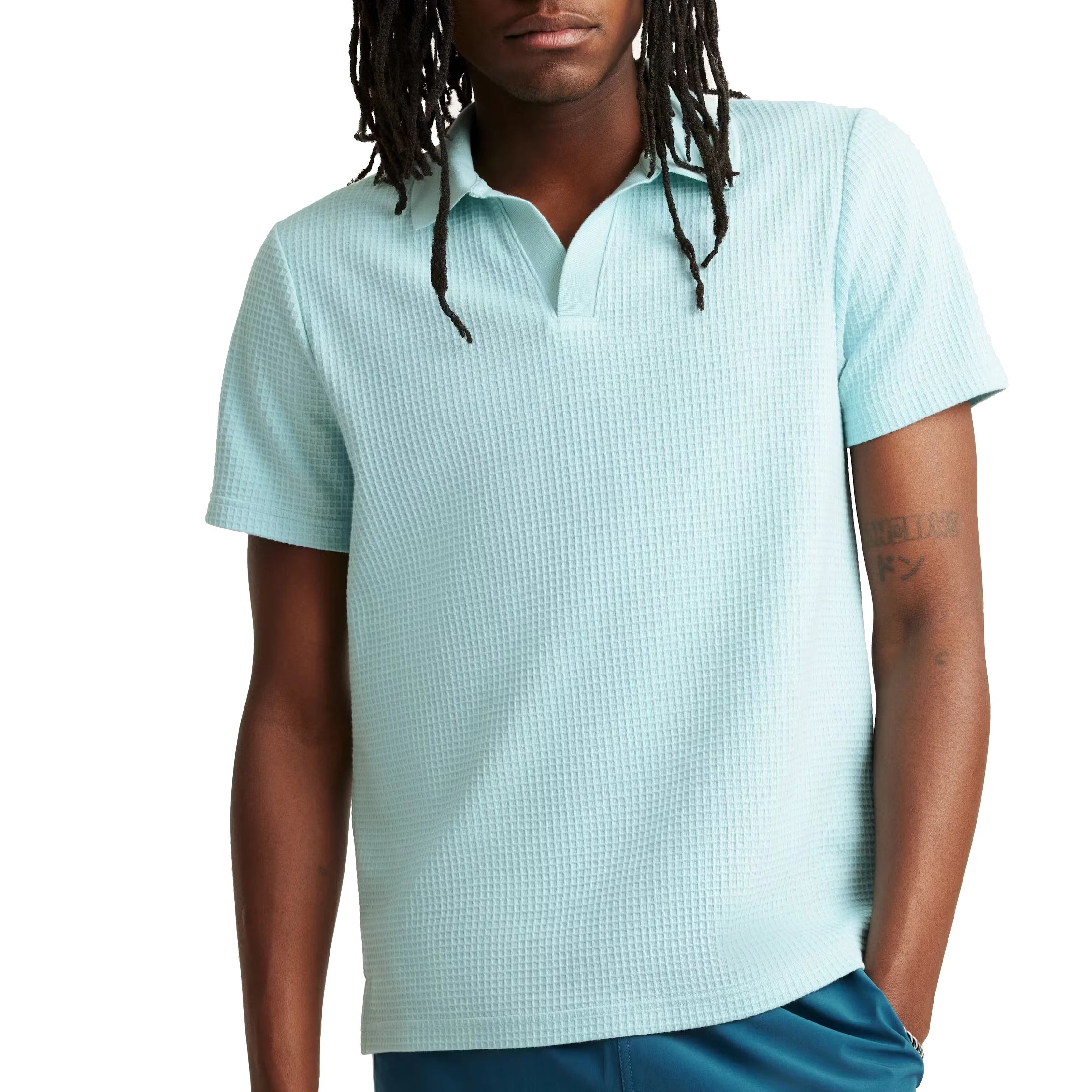 Custom Logo Men's Waffle Polo Shirts Rib-knit Solid Color Short Sleeve Buttonless Shirts
