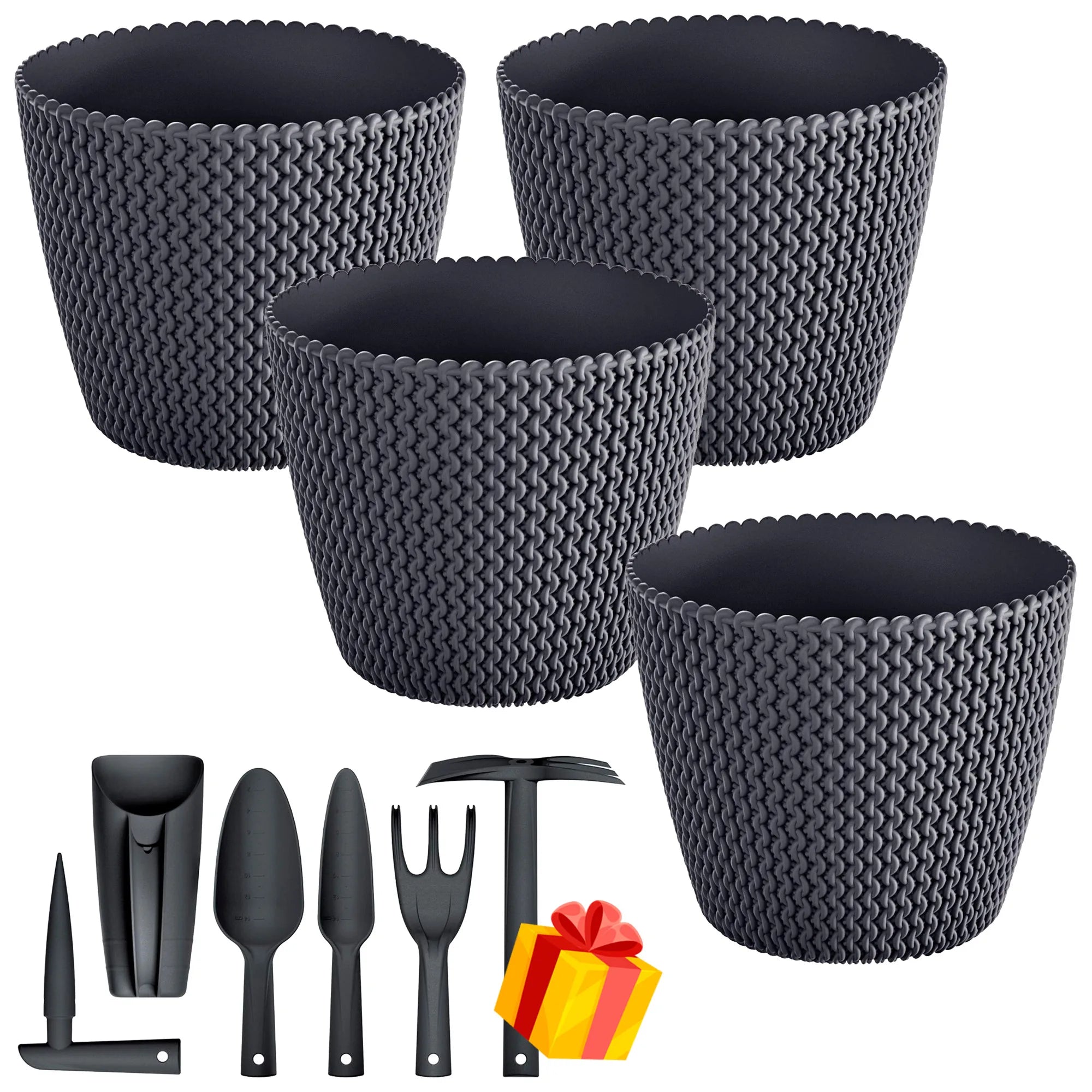 Set of 4 Prosperplast Splofy 5L round plastic flower pots in anthracite color 21.8x18.4cm + FREE set of 6 garden tools