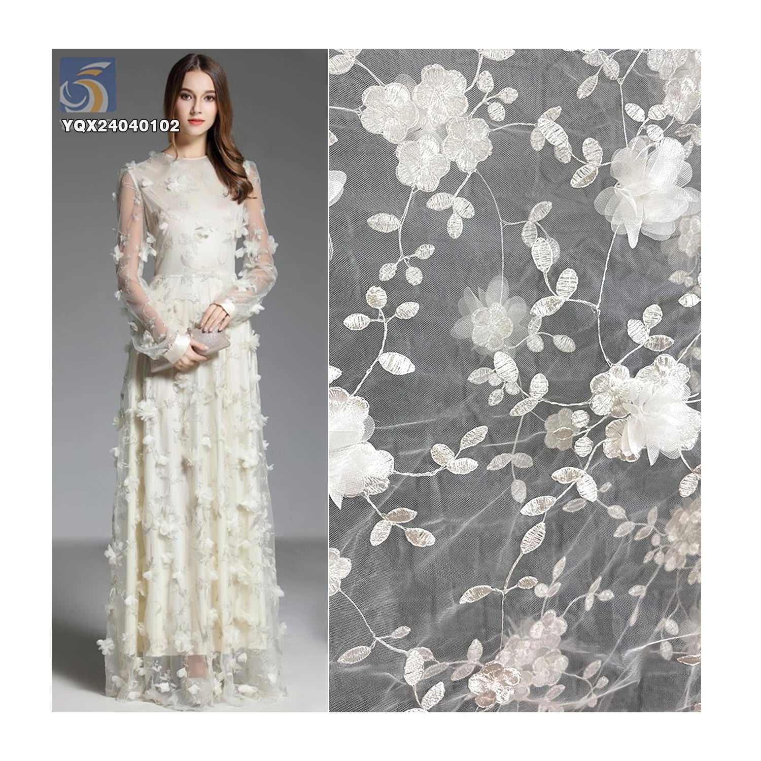Wholesale 3D Lace Floral Fabric From China New Design Embroidered Flowers on Polyester Mesh for Dresses Low Price