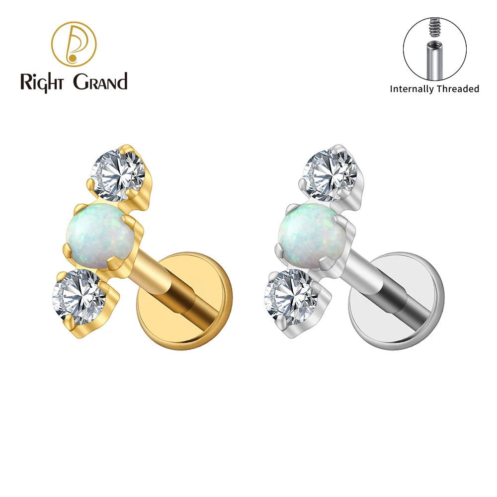 ASTM F136 Titanium 16G Internal Thread Triple Beads CZ Opal Labret Stud Helix Conch Cartilage Tragus Flat Back Piercing