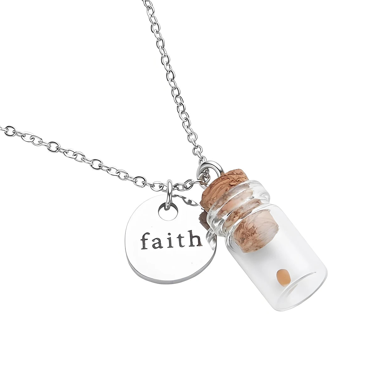 Fashion Minimalist Engraved Stainless Steel Glass Vial Mustard Seed Pendant Necklace Faith Jewelry for Women Tarnish Resistant