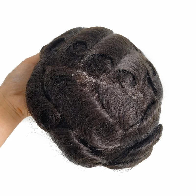 Q6 Transparent PU Thin Skin Fine Swiss Lace Base Natural Human Hair Men Male Toupee With Front Bleached Knots