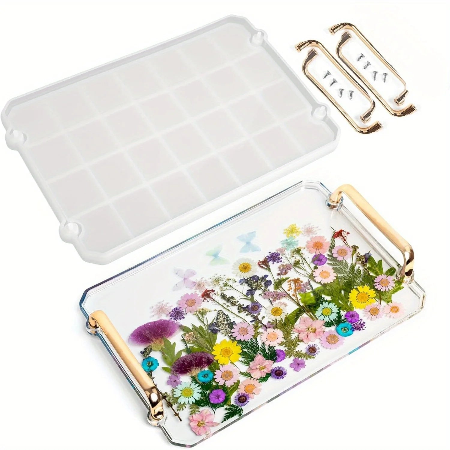 Large Resin Tray Silicone Mold Resin Casting Process Mold with 4 Golden Handles for Making Tray DIY Art Home Decoration