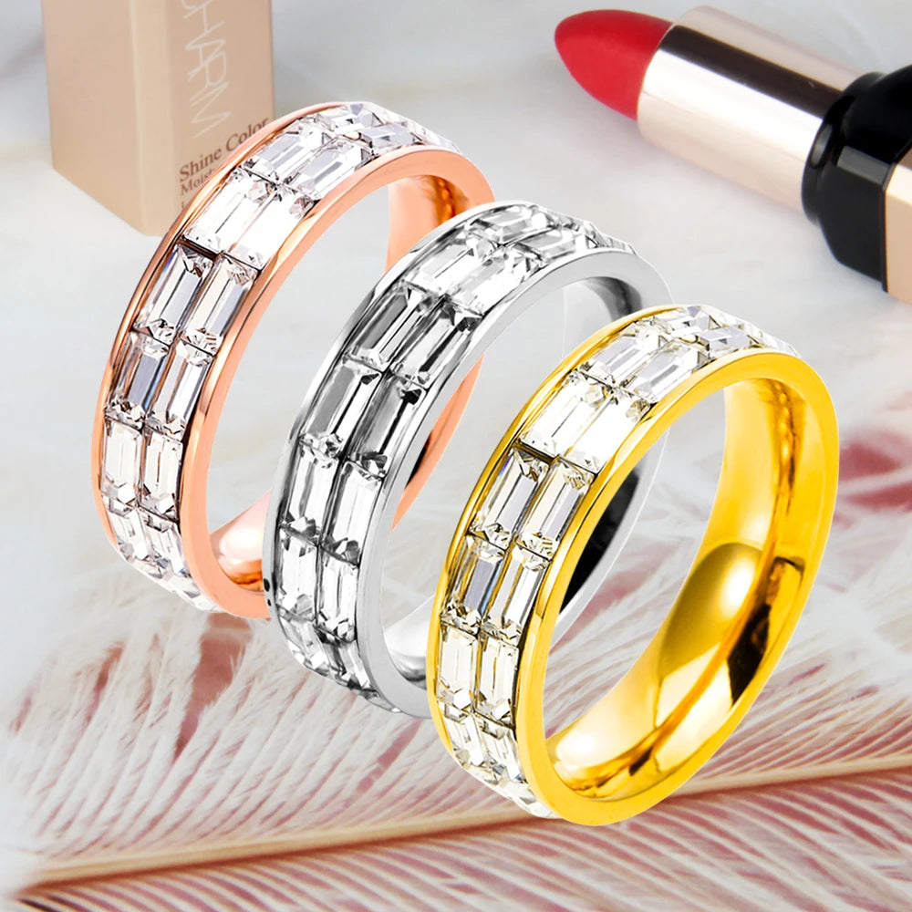 Simple Fashion Women's Jewelry Gift Accessories Inlaid Rectangular Zircon Gold-Plated Stainless Steel Ring