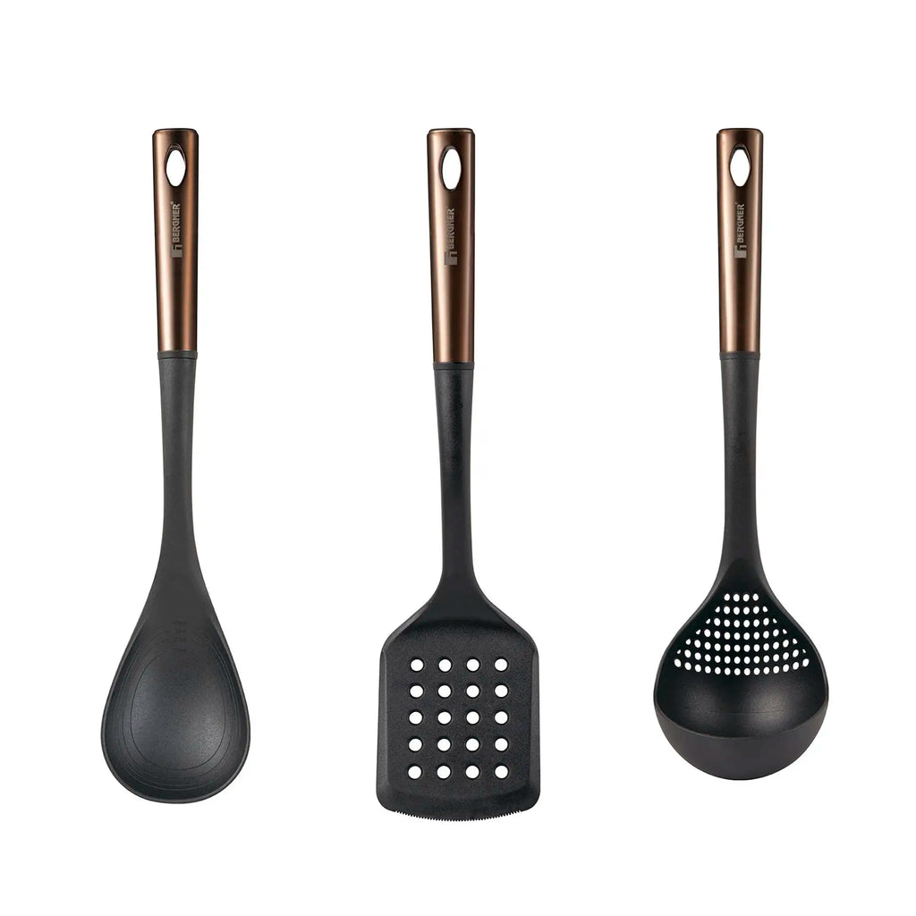 Bergner Copper 3-Piece Kitchen Utensil Set: Slotted Spatula Spoon and Ladle in Black and Copper PBT
