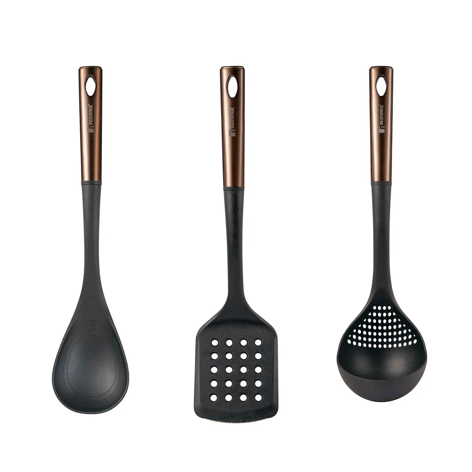 Bergner Copper 3-Piece Kitchen Utensil Set: Slotted Spatula Spoon and Ladle in Black and Copper PBT