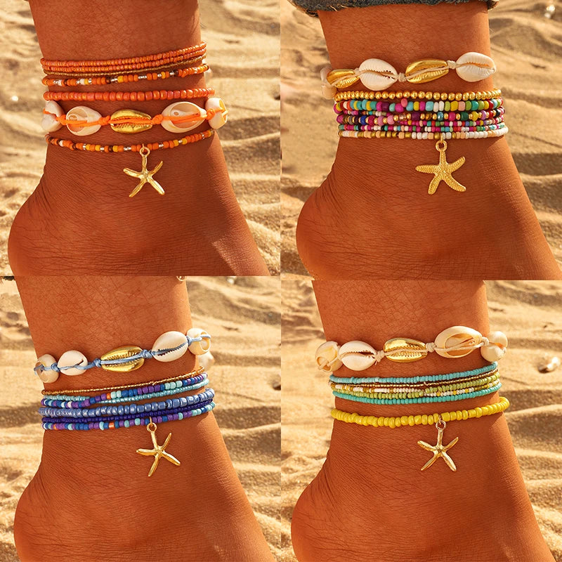 Bohemian Style Shell Starfish Pendant Design Beaded Anklet Set for Women Jewelry Wholesale