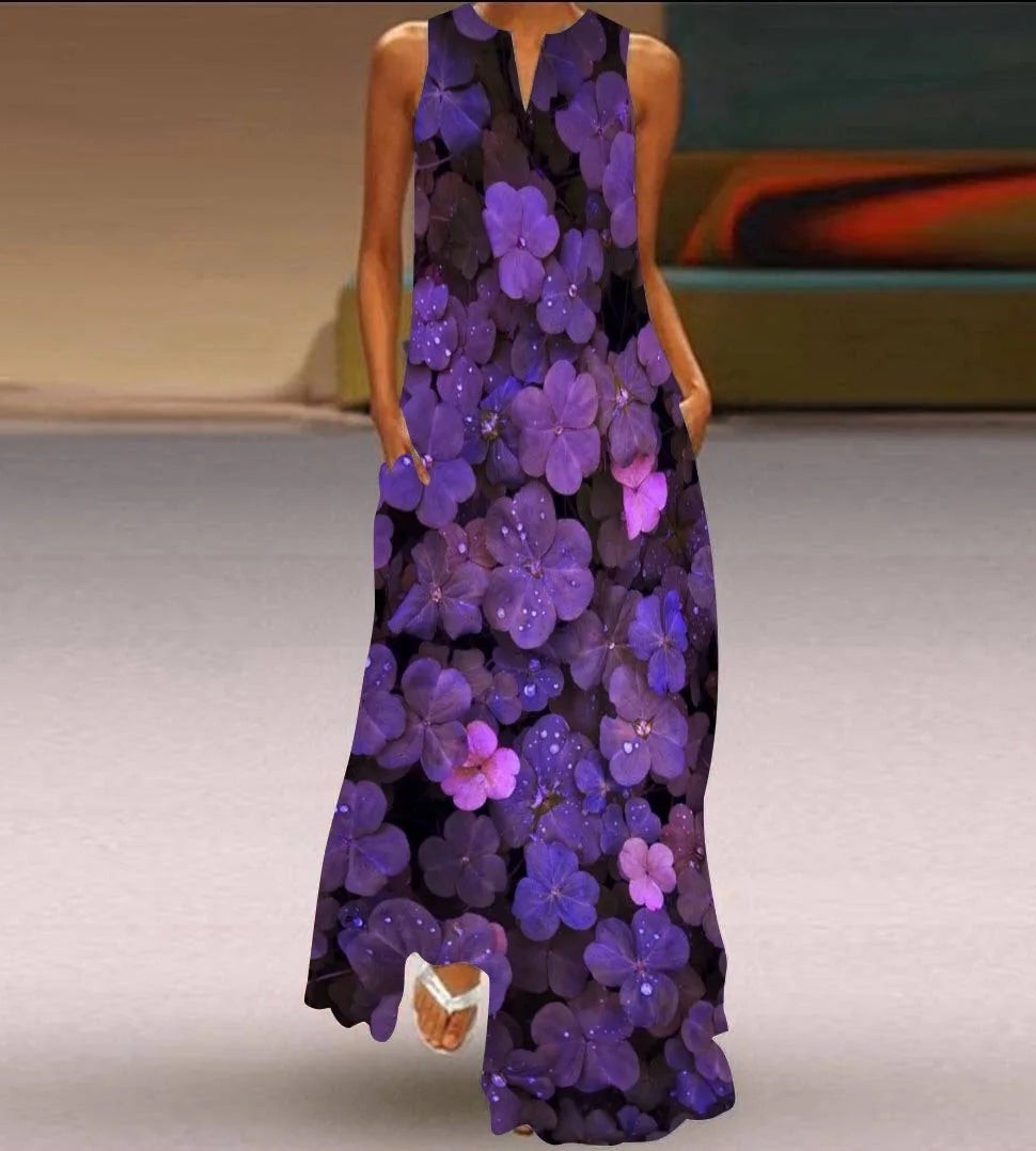 2025 New Summer European Style Women's Sleeveless Floor-Length Maxi Dress V-neck Floral Print Digital Printing Natural Waist