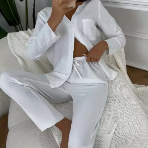 V Neck Button Front Elastic Waist Textured Lounge Set Comfortable Women Pajama Set