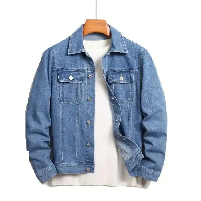 Embroidered Men's Washed Blue Denim Jacket Custom Motorcycle Style Classic Jean Outerwear