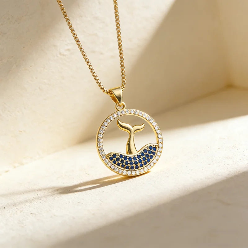 QIKU Exquisite Romantic Sea Mermaid Tail Copper Zircon Women Fashion Necklace Pendant Inlay Crystal Jewelry Gift Wholesale Price